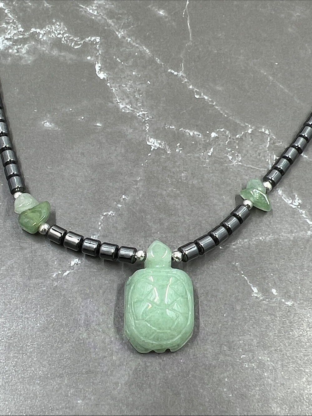 Black Hematite Aventurine Turtle Pendant Necklace